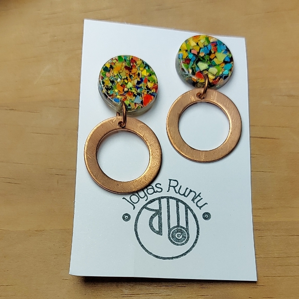 Colorful Resin and Brass-Tone Circle Earrings